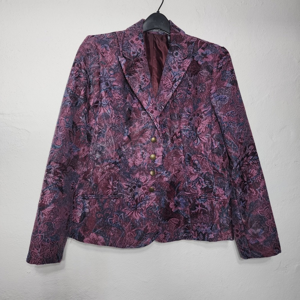 Liz‎ Claiborne Blazer 14 Purple Floral Tapestry Brass Button Vintage Jacket - Picture 3 of 9